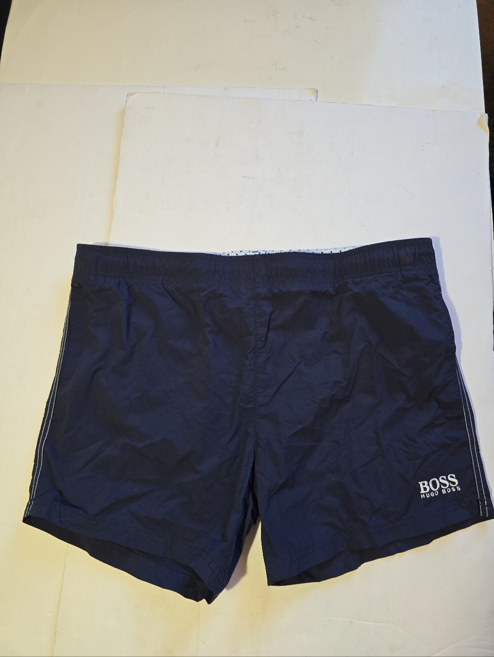 BOSS HUGO BOSS Embroidered Logo Navy Blue Mens Swim Trunks with Side Stripe SZ M